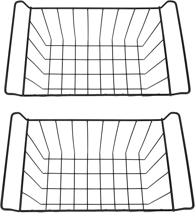 2PCS Freezer Organizer Bins, Steel Wire Freezer Basket with Handles Multifunctional Organizer Bin Stackable Metal Wire Baskets for Cabinet, Pantry, Closet (Black)