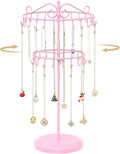 MODOWEY Rotating Necklace Holder Organizer Display Stand with 42 Hooks, 2 Tier Adjustable Metal Tree for Long Necklace Hanger Selling, Tall Spinning Bracelet Storage Rack for Men Women, Pink