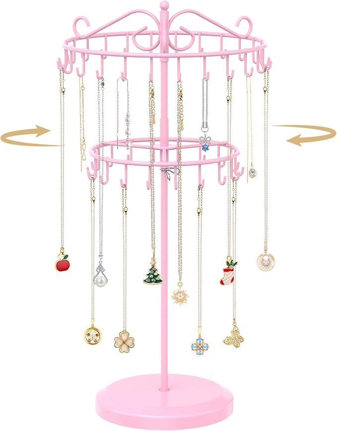 MODOWEY Rotating Necklace Holder Organizer Display Stand with 42 Hooks, 2 Tier Adjustable Metal Tree for Long Necklace Hanger Selling, Tall Spinning Bracelet Storage Rack for Men Women, Pink