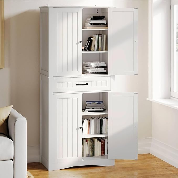 Gizoon 71'' Kitchen Pantry Storage Cabinet, Freestanding Pantry Organizers and Storage Cabinet with 4 Doors and 4 Adjustable Shelves, Tall Cabinet with Large Drawer for Kitchen, Living Room, Bathroom