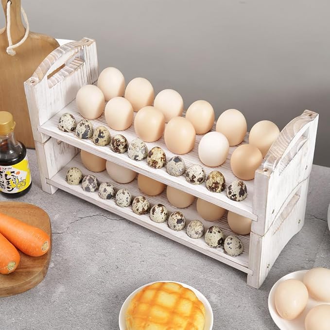 Wooden Egg Holder 3 Layer Fresh Egg Rack Holders Countertop Stackable Quail Egg Sorter Storage Trays Organizer Display Stand Kitchen Rack, Fits Duck, Turkey, Chicken Eggs,up to 36 Eggs, 3 Tier-White