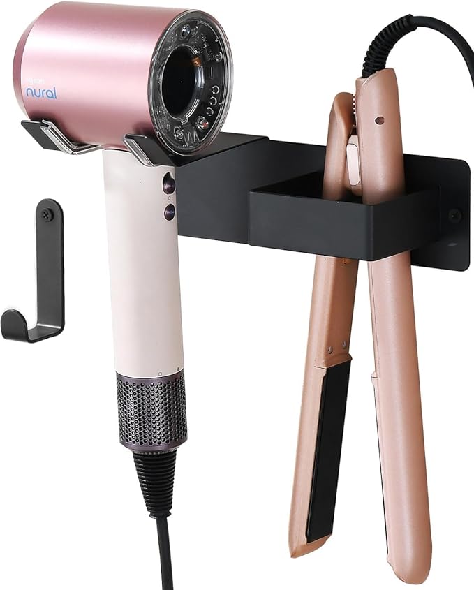 Hair Dryer and Straightener Holder, Upgraded Hair Straightener Holder with Cable Hook, Stainless Steel Universal Hairdryer Holder Wall Mounted Waterproof for Bathroom Space-Saving Black PTALSEAW
