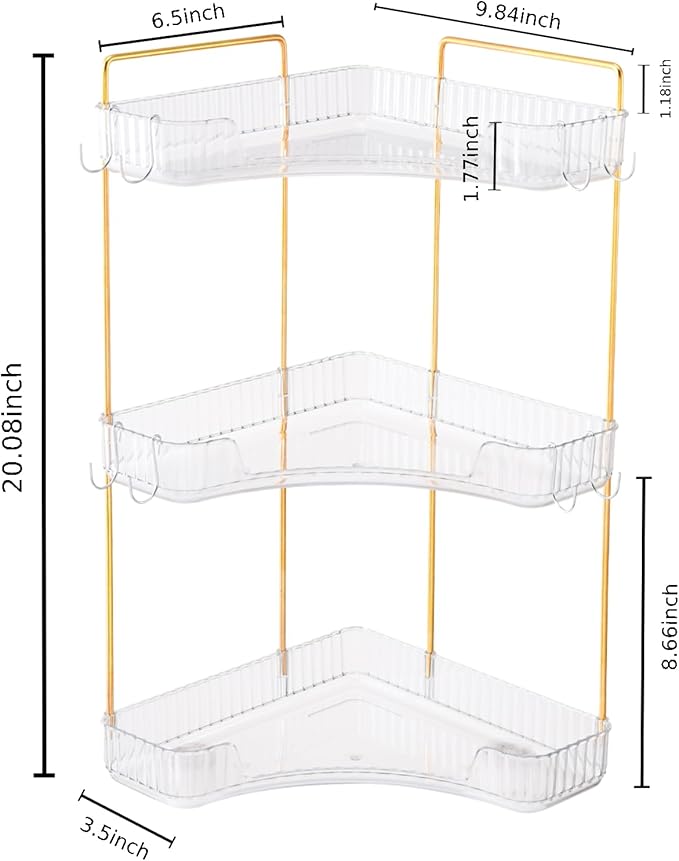 3 Tier Plastic Bathroom Sink Organizer with Hooks, Corner Bathroom Counter Organizer Makeup Storage Vanity Tray for Countertop (White Gold)