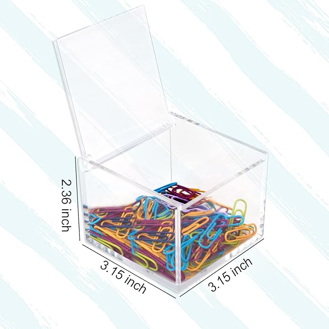 2 Pack Small Clear Acrylic Organizer with Lid for Paper Clips,Sticky Note,Qtip,Cotton Balls,Hair Ties Holder Acrylic Box for Home office Bathroom Desk Organizer