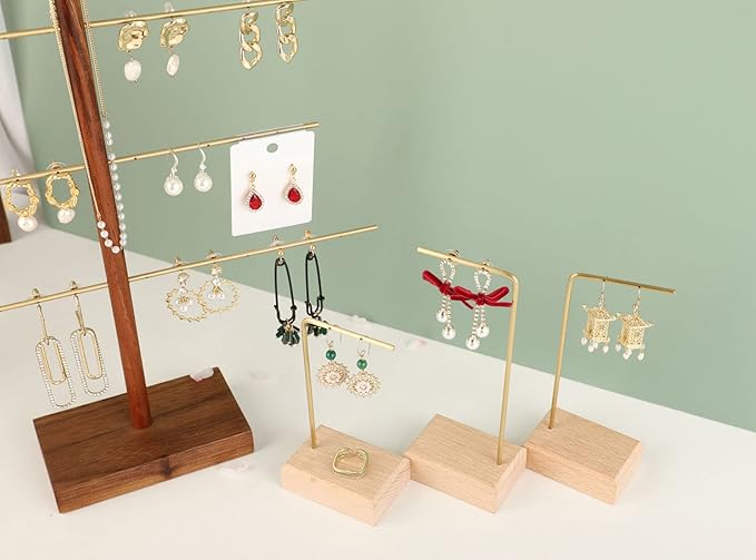 GemeShou 3pcs Beech wooden dangle earring stand holder, hoop earring displays for selling jewelry, mini brass earring hanger【Walnut Stand set-3pcs】