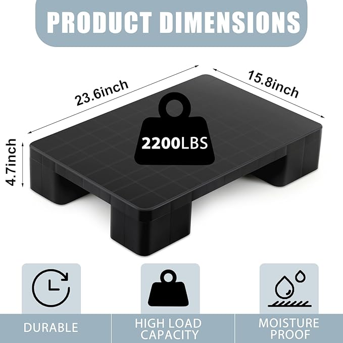 4 Pcs Plastic Pallet for Basement Storage Easy Stack Lightweight Floor Pallet Display Flooring Room Supermarket Christmas, Support up to 2000 Lbs (23'' L X 16'' W X 4.7'' H,Black)