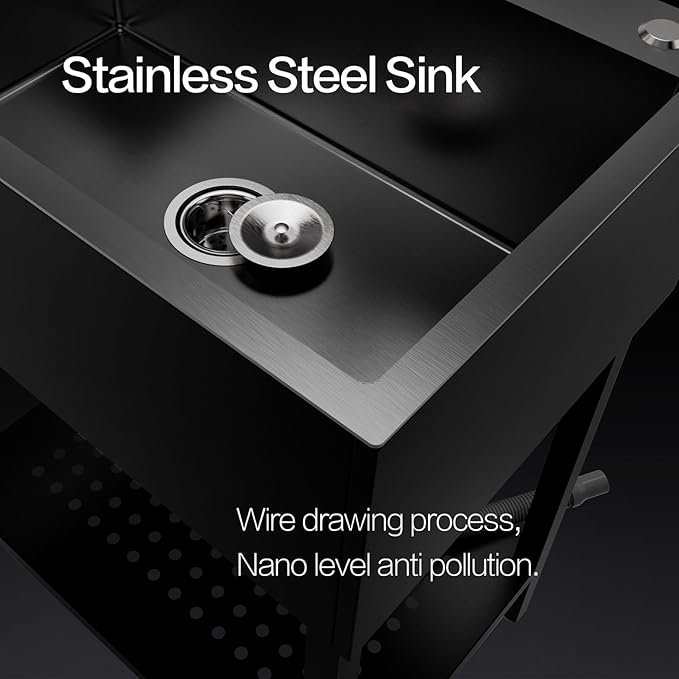 26" Freestanding Stainless Steel Utility Sink, Single Bowl Kitchen Sinks w/Storage Shelve, Black Heavy Duty Sinks with Cold & Hot Water Pipe for Commercial Laundry Room Farmhouse, 12-Gallon Basin