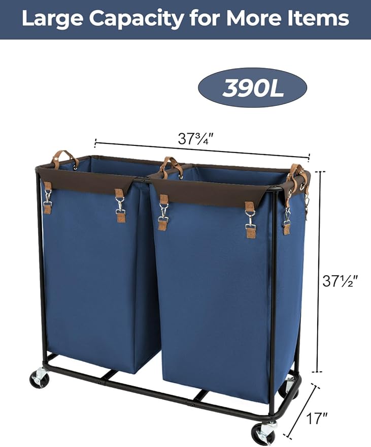 StorageWorks 390L Extra Large Lanudry Hamper with Wheels, Laundry Basket with Wheels 2 Sections, Clothes Sorter Cart with Divider for Hotel, Home, Blue, 1-Pack