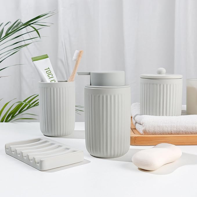 BosilunLife Ceramic Bathroom Accessories Set - Bathroom Counter Soap Set Light Grey Bathroom Decor Sets Accessories Bathroom Lotion Soap Dispenser and Toothbrush Holder Set, Soap Dish, Apothecary Jars