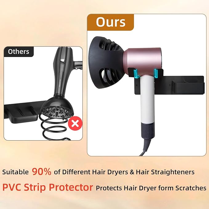 Hair Dryer and Straightener Holder, Upgraded Hair Straightener Holder with Cable Hook, Stainless Steel Universal Hairdryer Holder Wall Mounted Waterproof for Bathroom Space-Saving Black PTALSEAW