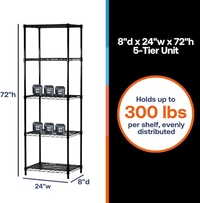 Shelving Inc. 8" d x 24" w x 72" h Black Wire Shelving with 5 Tier Shelves, Weight Capacity 300lbs Per Shelf