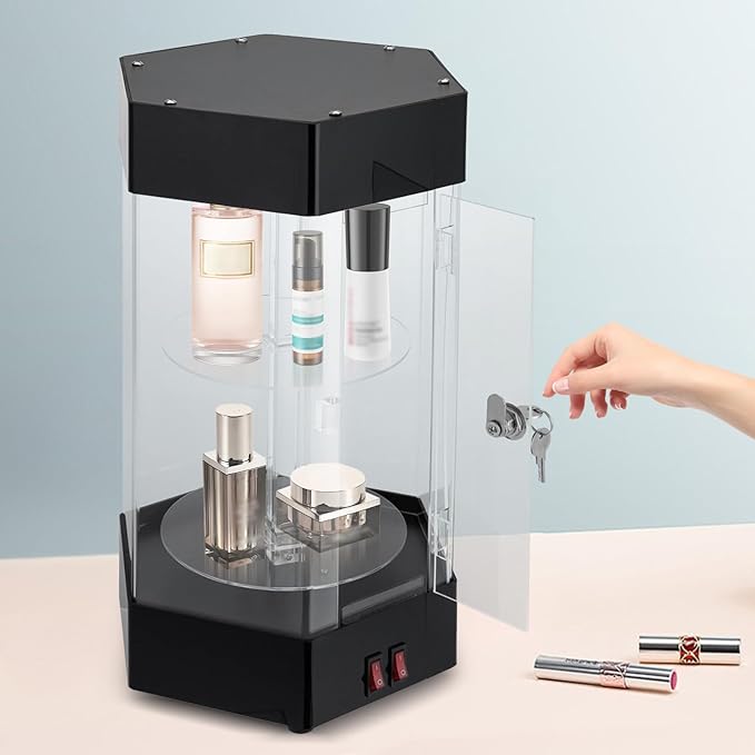 LED Electric Rotating Acrylic Display Case, Jewelry Display Case, Free Standing Electric Rotating Display Case with Lock and Keys for Cosmetics Jewelry Watch Sunglasses White/Balck (Black)