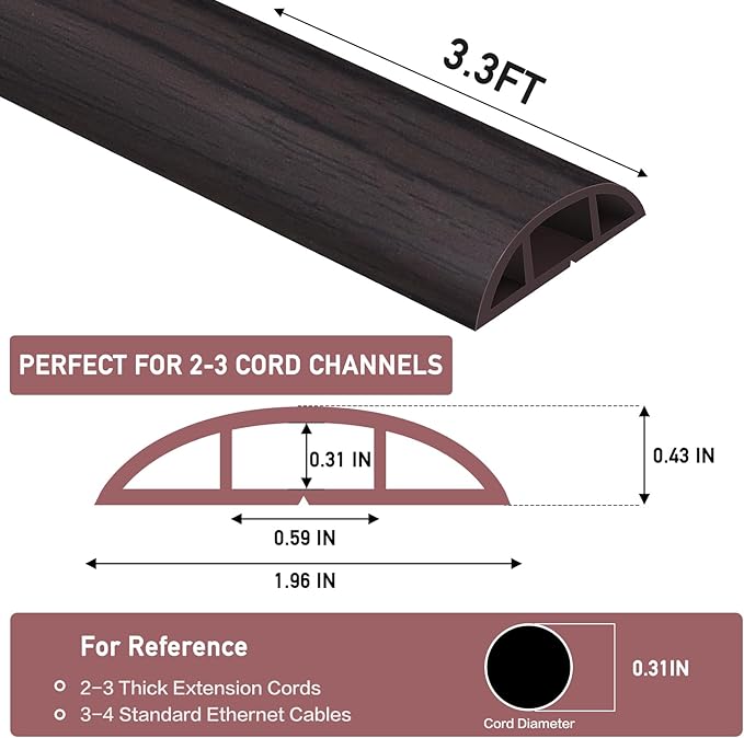 Floor Cord Cover Self Adhesive Cord Hider Floor Extension Cord Covers for Floor Power Cord Protector Cable Management Prevent Cable Trips Cable Cavity 0.59" W x 0.31" H (Dark Walnut, 3.3Ft)