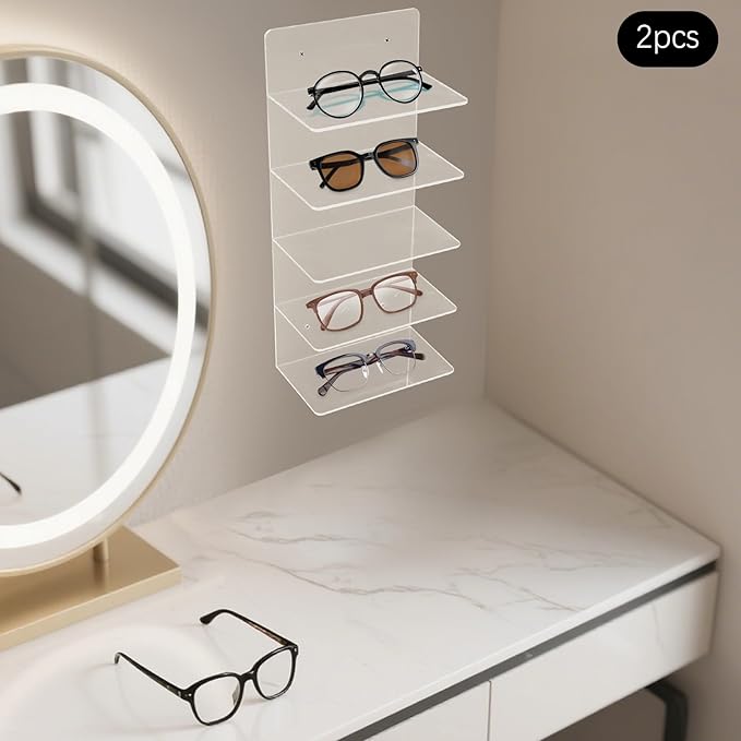 JOMCYDM 2PCS Sunglasses Holder Rack, 5 Tier Eye Glasses Shelf, Clear Acrylic Eye Glasses Shelf for Boutiques, Optometry Stores, Retail Stores, Eyeglasses Stores