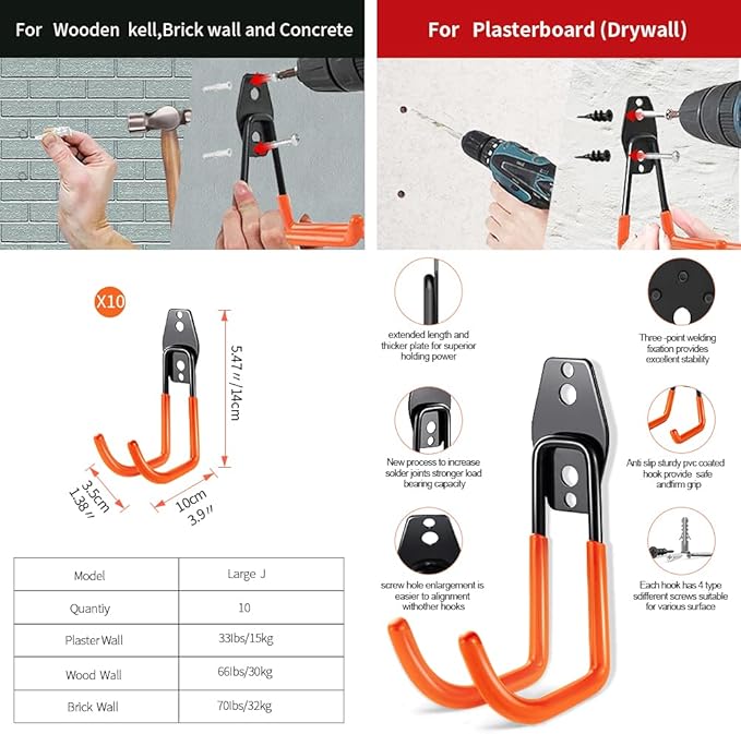 3-H Heavy Duty Garage Hooks [10 Pack] - 3-Round Welding Tech Holds 22lbs More - Thickened Steel Wall Mount for Ladders, Tools & Storage - Rustproof Utility Hardware