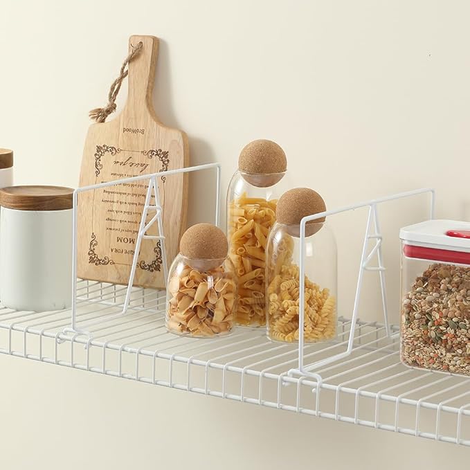 Wire Shelf Dividers - White Closet Organization & Storage Organizer - No Tool Shelf Divider for Wire Shelves - Metal Shelf Accessories – for 12“ Deep Wire Shelves – Tall 7” Height – 8 Pack
