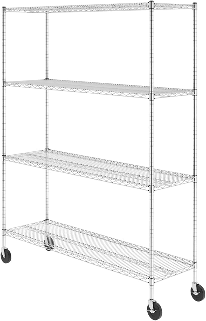SafeRacks - NSF Certified Storage Shelves, Zinc, Heavy Duty Steel Wire Unit with Wheels and Adjustable Feet, Garage or Bakers Rack, Kitchen, Pantry Shelf - (18"x60"x72" 4-Tier) (Silver)