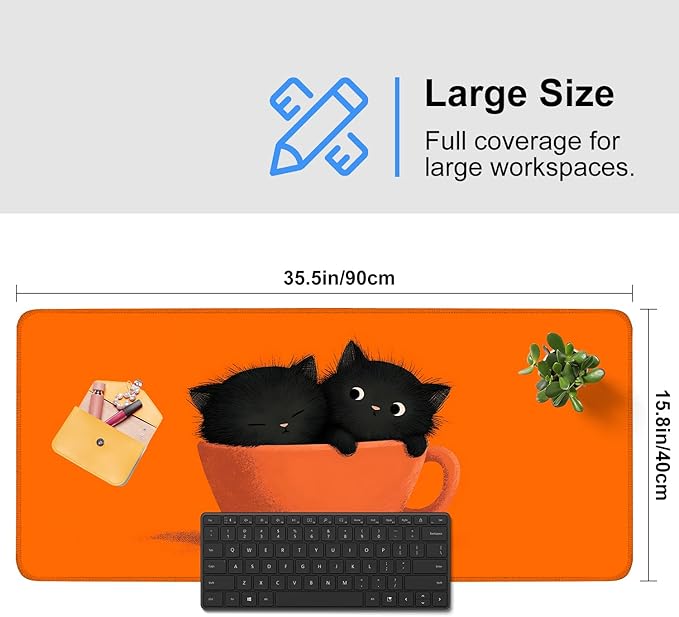 Large Cute Black Cat Mouse Pad, Extended Desk Mat with Non-Slip Base – 35.43 x 15.75 in – Cartoon Kittens in Orange Cup Design, Stitched Edges, Waterproof Gaming Keyboard Pad for Office & Home