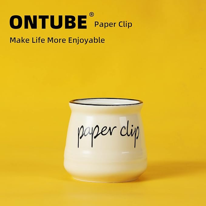 ONTUBE Farmhouse Paper Clip Holders,Ceramic Binder Clip Dispenser Organizer for Desk ,Cute Office Push Pins Holder,12 oz (Beige)