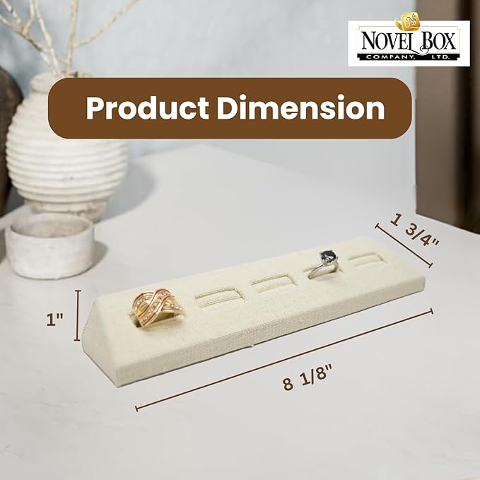 Novel Box 5-Slot Beige Linen Rings/Earrings/Cufflinks Holder Tray 8.12x1.75x1 Inches - Ring Holder Organizer for Selling or Personal Use - Jewelry Display Trays for Special Occasions