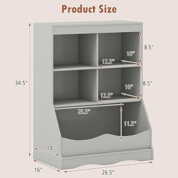 Storage Organizer, Small Bookcase w/ 4 Open Cubes & 1 Bottom Compartment, Anti-Tipping Device, Foot Pads, Low Cube Bookshelf for Bedroom, Living Room, Playroom, Study, Small Spaces (Gray)