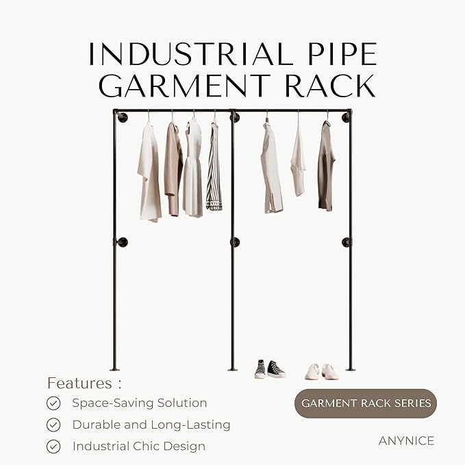 Industrial Pipe Clothing Rack, Heavy Duty Wall Mounted Clothes Rack, Retail Display Hanging Garment Rod for Laundry Rooms, Closet Storage, 14.6x75x82.7 Inches, Model K06