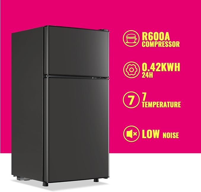 Mini Fridge with Top Freezer Apartment Size Dual Door Compact Small Refrigerator for Personal Use Small Mini Fridge with Egg tray, 7 Temperature Control For Dorm, Apatmet, Dark Grey