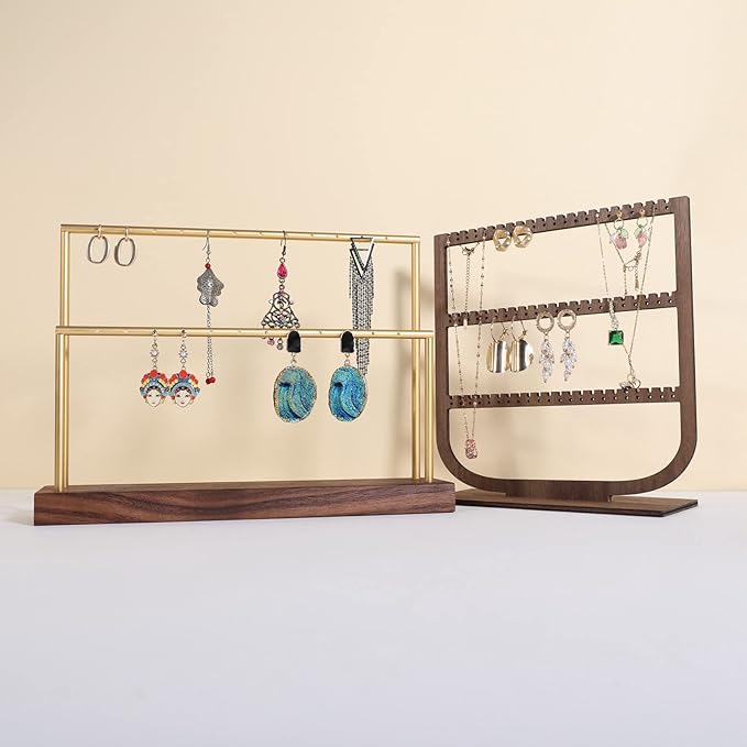 GemeShou wooden earring holder organizer for girls, walnut stud earring display stand for boutique store, jewelry storage organizer shelf【Walnut stand-Two Tiers】