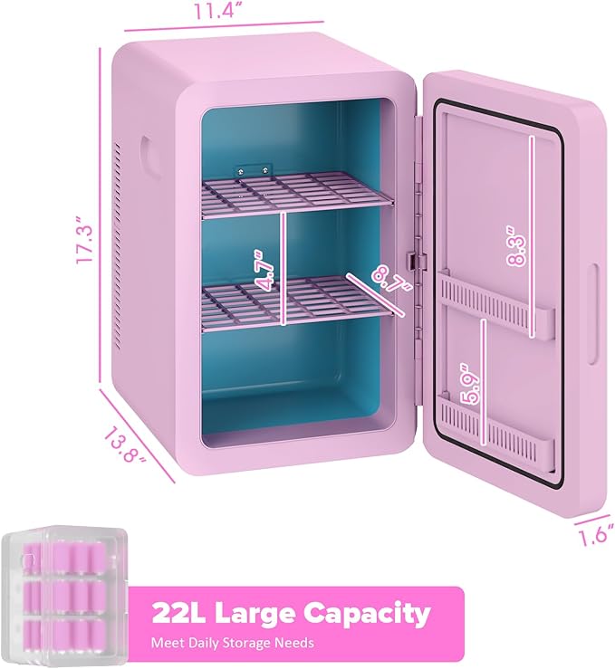 22L/30Cans Mini Fridge for Bedroom, 12v DC Portable Cooler & Warmer, Mini Refrigerator with Glass Front, for Car Office Desk & Dorm Room Food Beverage Skincare Makeup (Pink)