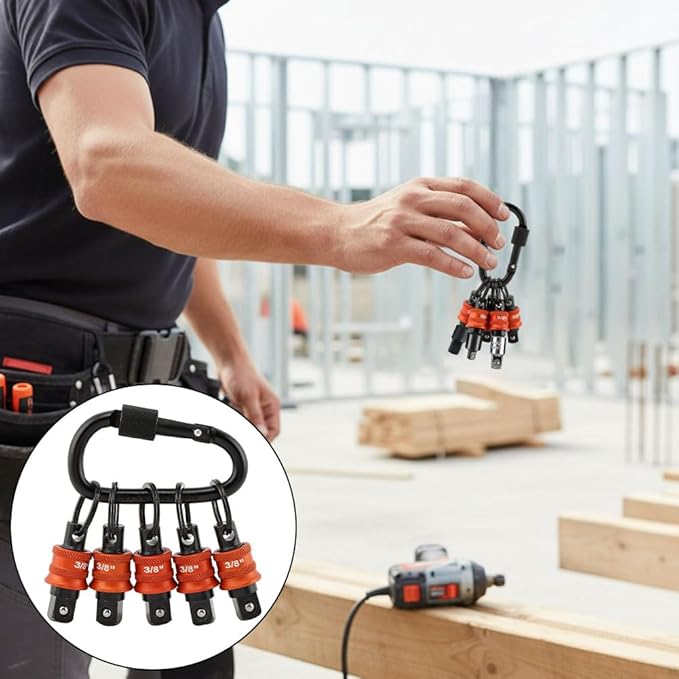 5Pcs Socket Holder Key Chain, 3/8" Drive Socket Organizer Keychain Quick Release Design with Carabiner, Impact Wrench Accessories for Lineman, Electricians, Construction Crews(SIZE:3/8 Inch)