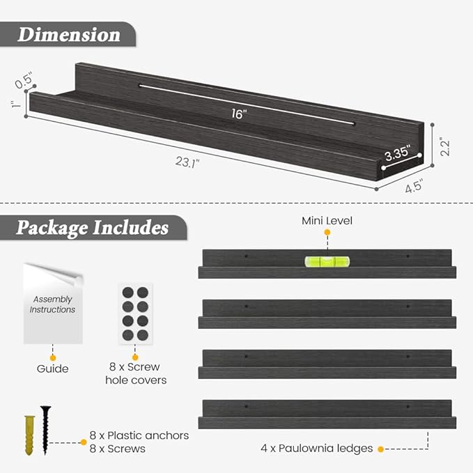 Forbena 24 Inch Long Picture Ledge Shelf Set of 4, Black Wood Floating Shelves with Lip for Wall, Rustic Display Shelves for Living Room Bedroom Bathroom Office Photo Frames Plants Books Art Decor