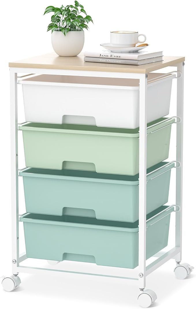 Utility Cart with 4 Drawers,Rolling Storage Cart with Drawers,Storage Rolling Drawer Cart with Wooden Tabletop for Bedroom,Kid's Room,Dorm,Classroom,Office,Green