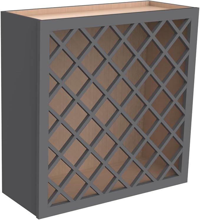 Solid Wood RTA Wine Bottle Rack Wall Cabinet With Lattice Panels - Holder Storage for Bar, Pantry, or Cellar - Mocha Finish Countertop Solution (Pebble Gray, 24"W 12"D 30"H)