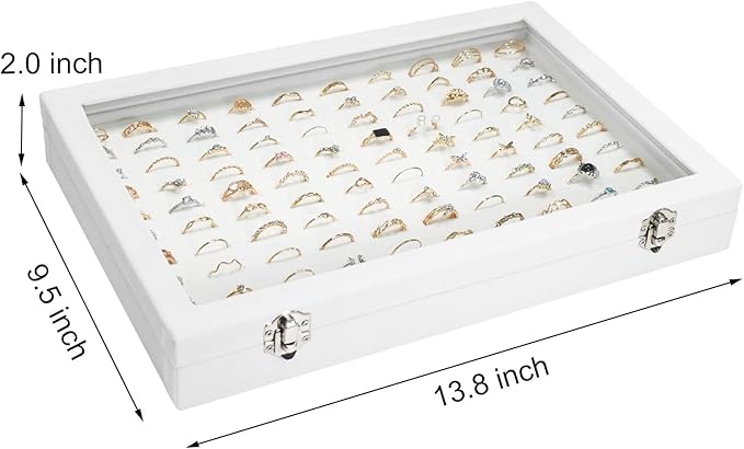 Velvet Ring Display Tray Organizer Box with Transparent Lid, 100 Slot Ring Holder Showcase For Store Display Jewelry Show Home, Ring Organizer For Rings Earrings (Ivory)
