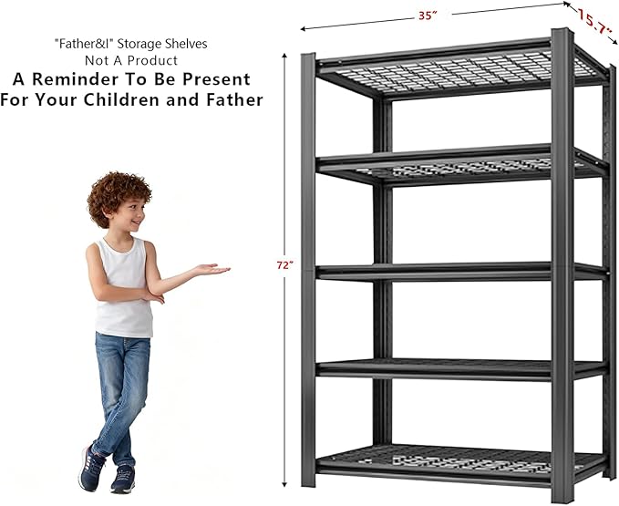 35" W Father&I 5-Shelf Industrial Adjustable Heavy-Dudy Tall Metal Garage Storage Shelves Shelving Units/Steel Wire Rack System (Commercial) for Basement/Shop, 72" H*35" W*15.7" D, Black