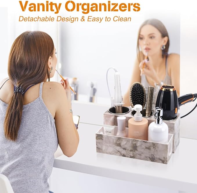 Marble Hair Tool Organizer - Bathroom Vanity Storage for Hot Tools, Hair Dryer, Curling Iron, Flat Iron & Straightener
