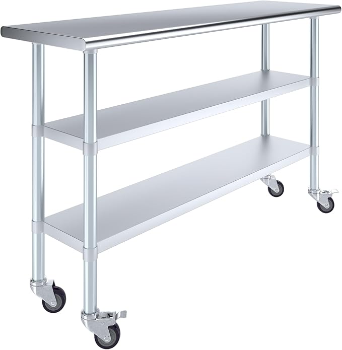 AmGood Stainless Steel Work Table with 2 Shelves and Casters | Metal Utility Table On Wheels (Stainless Steel Work Table with 2 Shelves + Casters, 60" Long x 18" Deep)