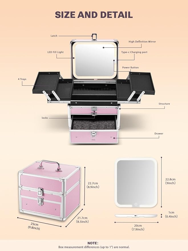 Qislee Makeup Box with Drawer and Four Trays, A Detachable Lighted Mirror, Waterproof Travel Train Case, Cosmetic Organizer and Makeup Suitcase with Magnetic LED Mirror(ICY Pink)