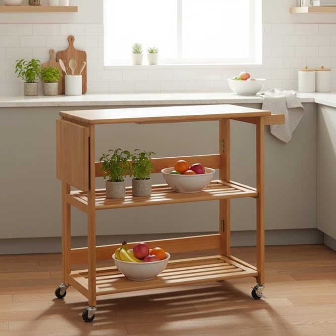 Foldable Kitchen Cart, Brown Solid Wood, Open Utility Cart, Serving Trolley on Wheels, Compact Storage, Adjustable Shelf