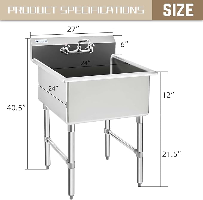 HALLY Commercial Stainless Steel Sink 1 Compartment NSF Prep & Utility Sink with 8" Faucet 24" L x 24" W x 12" D Bowl for Bar, Restaurant, Kitchen, Hotel and Home