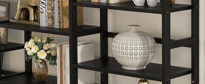 Homykic Bamboo Triple Wide Bookshelves and Bookcases, 6-Tier Shallow Open Bookcase with 17 Display Shelves, 6ft Super Large Freestanding Book Shelf for Home Office, Bedroom, Living Room, Dark Black