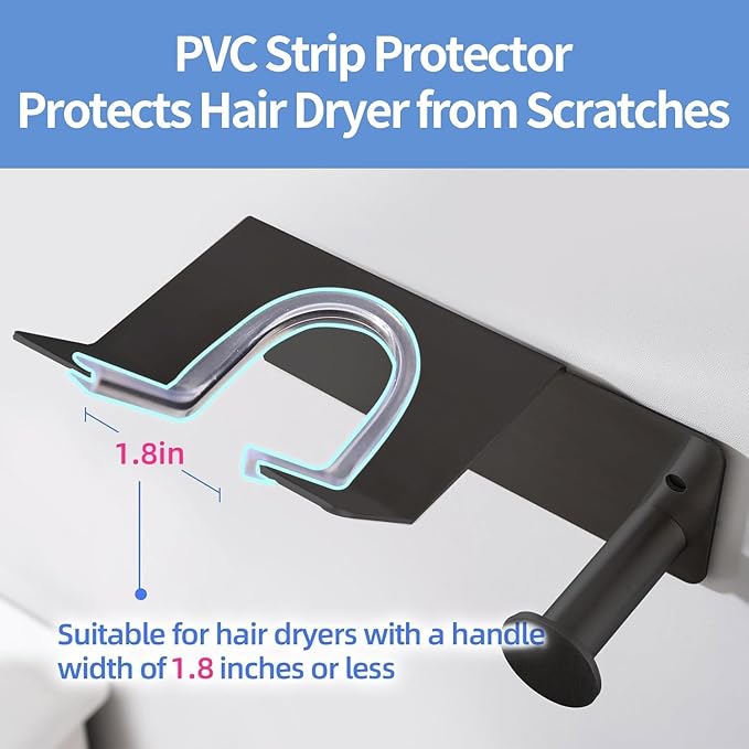 Hair Dryer Holder Stainless Steel, Blow Dryer Holder Self Adhesive, Dyson Hair Dryer Holder Wall Mounted Compatible with Dyson, Hairdryer Holder for Bathroom Black PTALSEAW