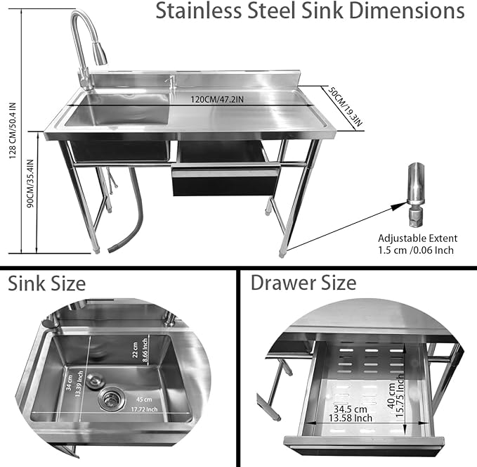 304 Stainless Steel Utility Sink with Faucet – Free Standing Single Bowl Kitchen Sink with Workbench & Drawer Storage, Hot/Cold Water Pipes for Laundry, Farmhouse & Outdoor Use 47”(SCTD-120R)