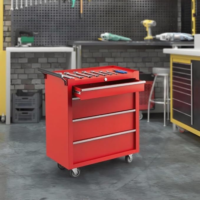 IDEALHOUSE Rolling Tool Chest, 4 Drawers Tool Storage Cabinet, Toolbox with Wheels, Portable Tool Cabinet Organizer with Locking System & Drawer Liners, Tool Storage Cart for Garage, Workshop, Red