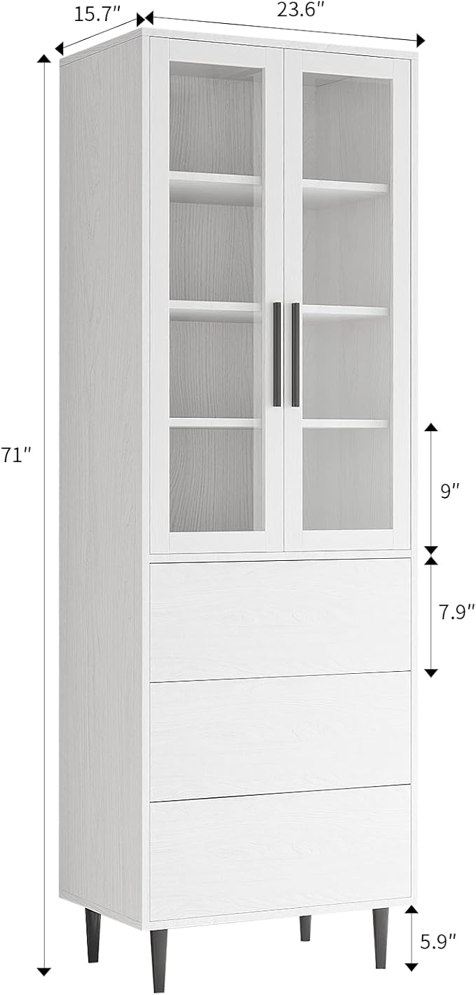 TUSY 70.9“ H Book Shelf with Drawers, 7-Tier Bookcase with Glass Doors, Display Curio Cabinet, Office Storage Cabinet, Narrow Display Bookcase for Home, Office, Clinic, Pantry (White)