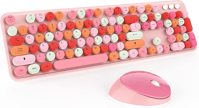 KOOTOP Cute Pink Wireless Keyboard and Mouse, 2.4G Retro Round Keycap for PC, Mac, Laptop, Tablet, Computer Windows