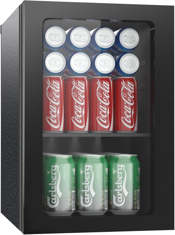 Compact Freestanding Beverage Refrigerator,24 Can/0.9 Cubic Feet Mini Fridge with Reversible Glass Front Door for Soda, Beer or Wine, Under Counter Small Refrigerator with Adjustable Shelves