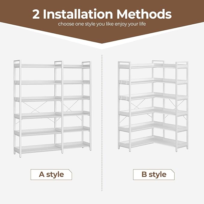 Rolanstar Bookshelf 6 Tier with 4 Hooks, Reversible Corner Bookshelf, 69" Industrial Wooden Bookcase with Open Shelves and Metal Frame for Living Room, Bedroom, Home Office, White
