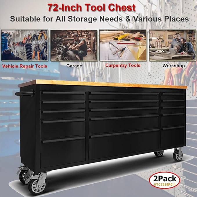 2 Pack - 72" Stainless Steel Rolling Tool Chest with 15 Drawers, Lockable Storage Cabinet, Black Mobile Workbench, Assembled Black Large Tool Box with Wheels for Garage Workshop (2 × HTC7215PC-1)