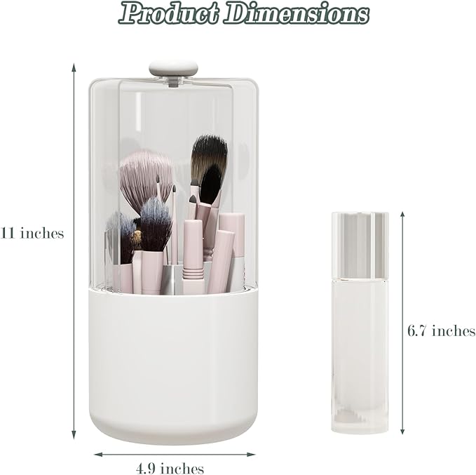 Makeup Brush Holder with Dustproof Cover, Clear 360 Rotating Make Up Brushes Organizer for Counter Vanity Bathroom, White